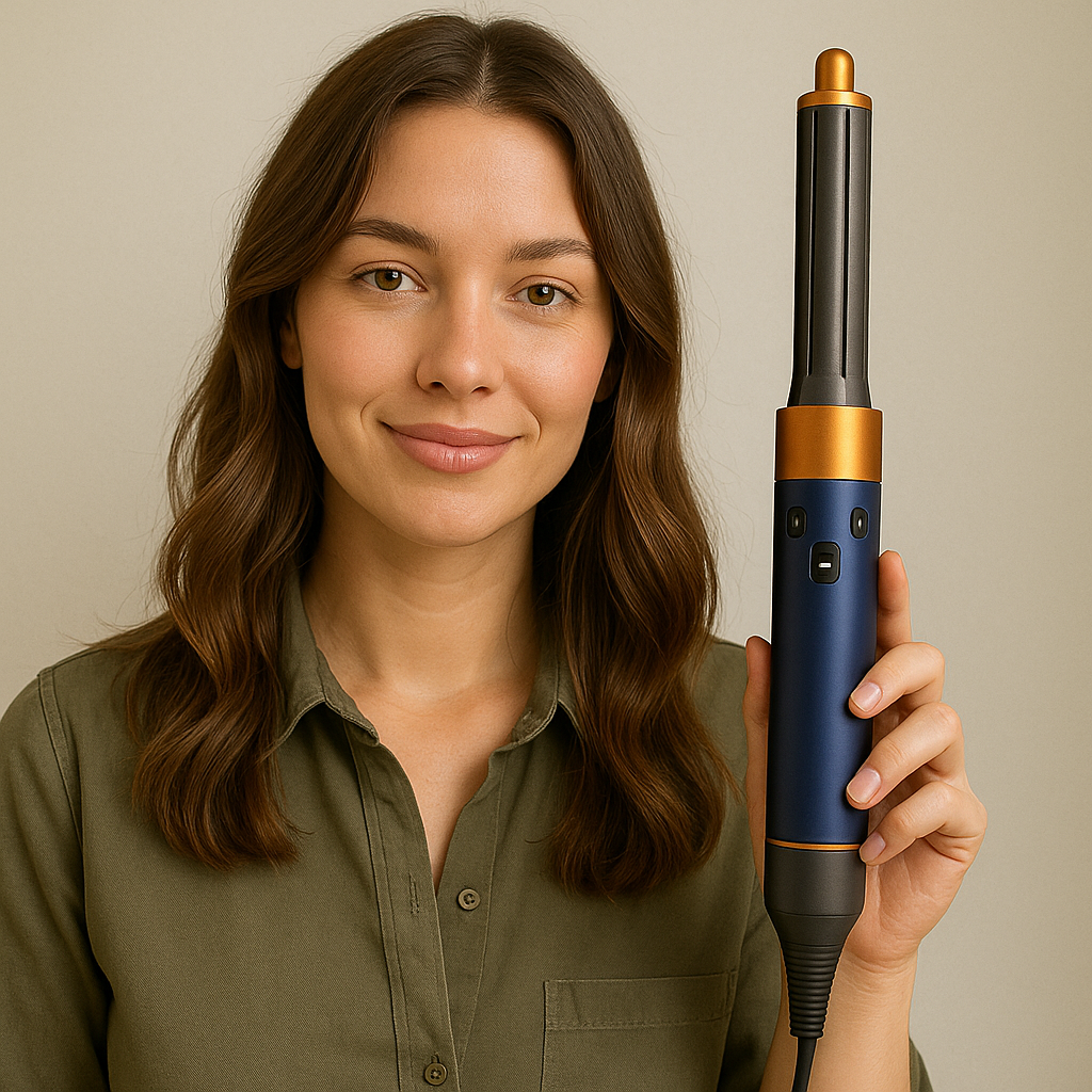 En kvinna håller i StyloAir Pro multistyler i blått