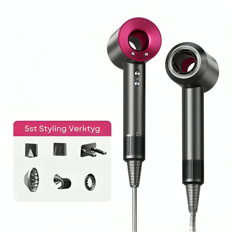 StyloAir supersonic hårfön i grått med rosa ring, inklusive 5 stylingmunstycken för olika frisyrer.