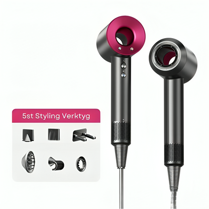 StyloAir supersonic hårfön i grått med rosa ring, inklusive 5 stylingmunstycken för olika frisyrer.