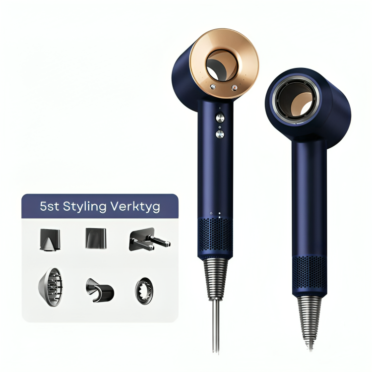 StyloAir supersonic hårfön i marinblått med guld ring, levereras med 5 olika stylingverktyg.