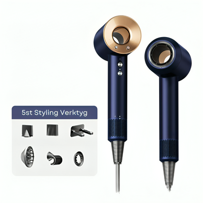 StyloAir supersonic hårfön i marinblått med guld ring, levereras med 5 olika stylingverktyg.
