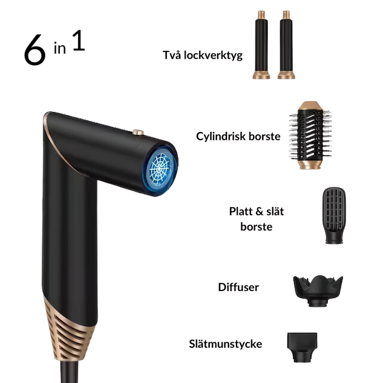 Multistyler 6-i-1 hårfön & multi styler i ett – idealiskt hårfön för hemmabruk och resa