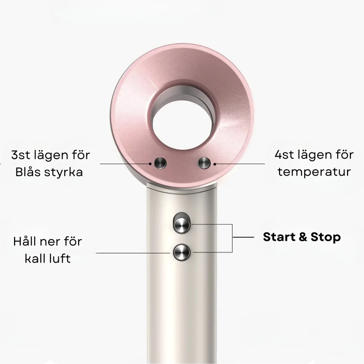StyloAir supersonic hårfön med 3 blåsinställningar, 4 temperaturinställningar och knapp för kalluft.