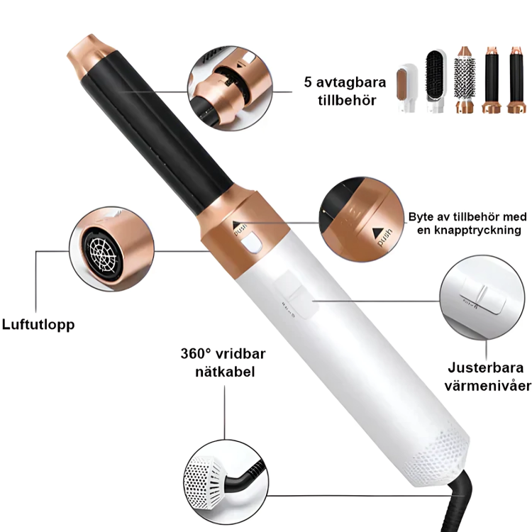 Multistyler 5-i-1 hårfön & multi styler i ett – idealiskt hårfön för hemmabruk och resa