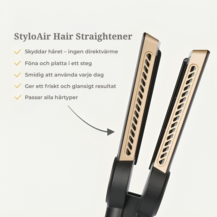 Närbild på StyloAir 2-i-1 plattångens värmeplattor med pilar som markerar luftventilationen.