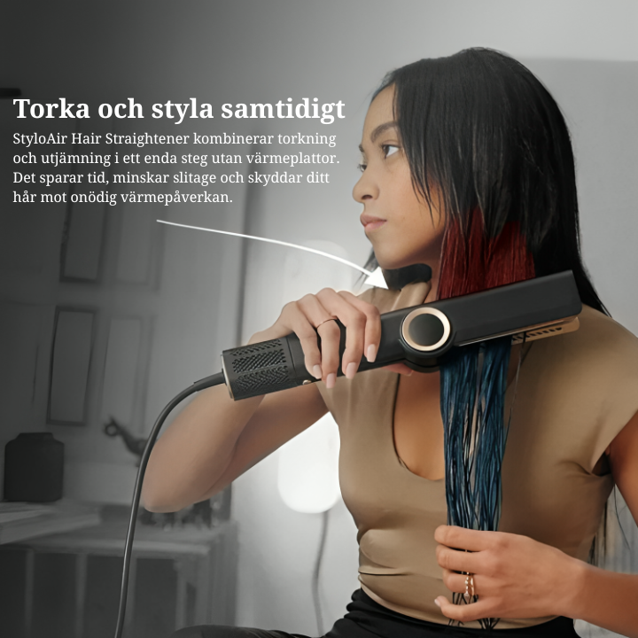 Kvinna använder StyloAir 2-i-1 hårstyler för att torka och platta håret samtidigt.